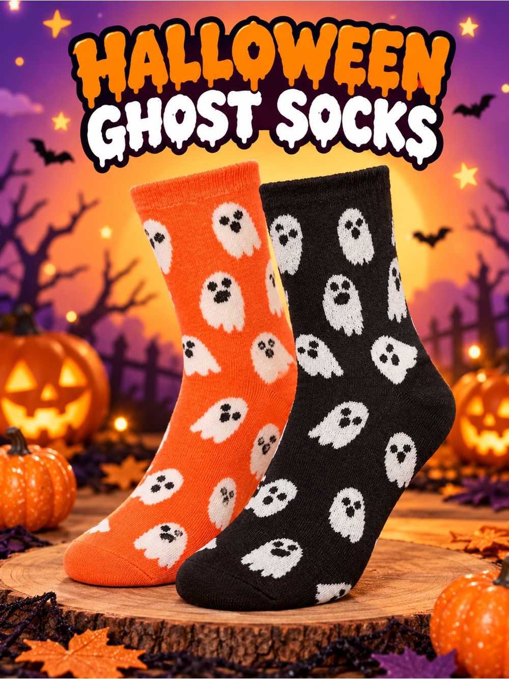 2 Sets of Halloween Ghost Crew Socks for Adults
